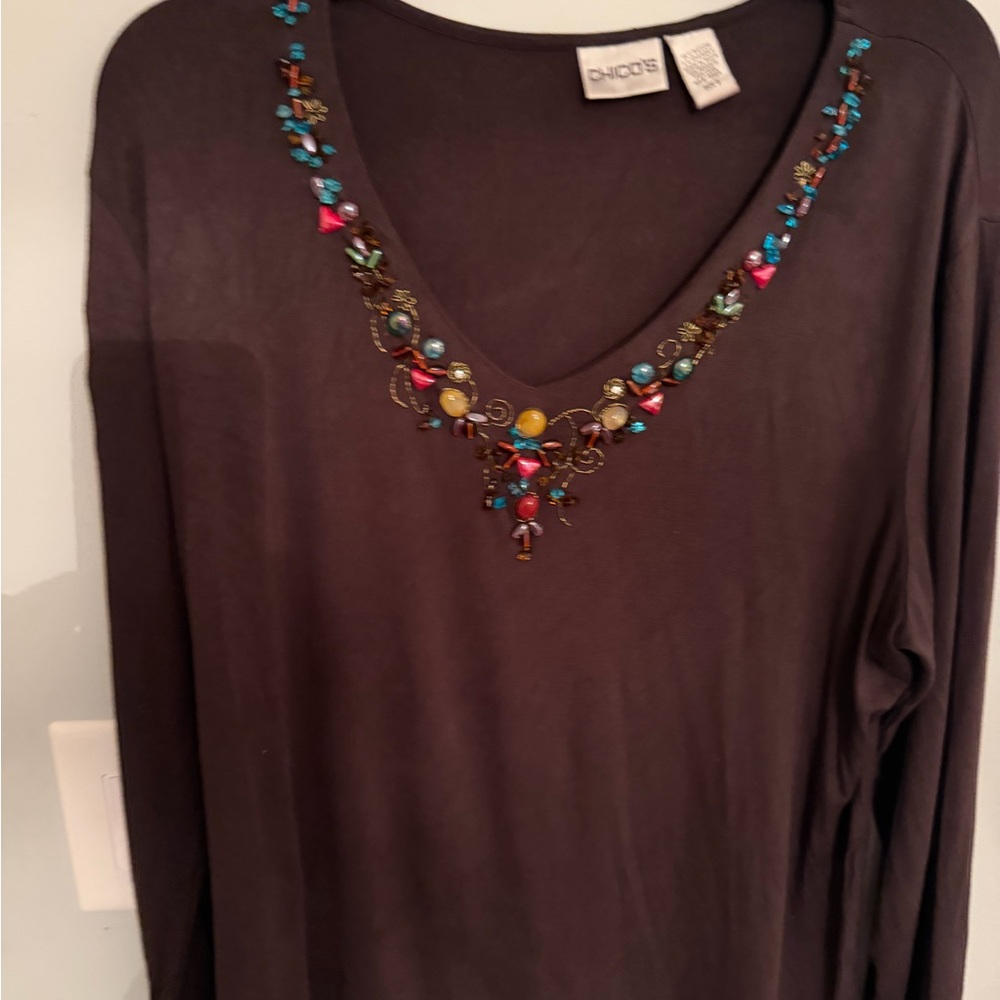 Chico's Cute Top Brown Embellished Jewels At Neck Size 3